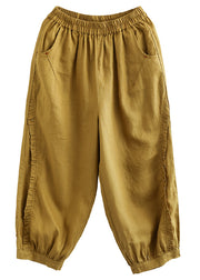 Loose Yellow Ruffled Pockets High Waist Linen Crop Pants Summer