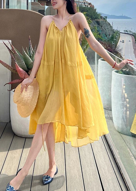 Loose Yellow Slash Neck Solid Chiffon Long Sliop Dresses Summer