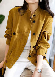 Loose Yellow Stand Collar Button Patchwork Cotton Jacket Fall