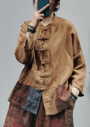 Loose Yellow Stand Collar Patchwork Linen Shirts Top Long Sleeve