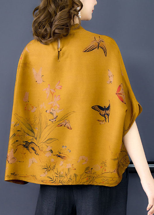 Loose Yellow Stand Collar Print Silk Two Piece Set Women Clothing Batwing Sleeve