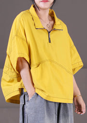 Loose Yellow Stand Collar Zip Up Cotton Loose Sweatshirt Short Sleeve