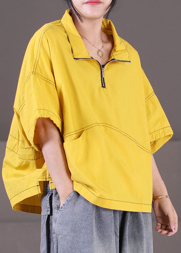 Loose Yellow Stand Collar Zip Up Cotton Loose Sweatshirt Short Sleeve