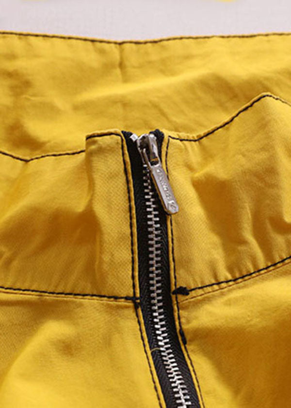 Loses gelbes Stehkragen-Reißverschluss-Sweatshirt aus Baumwolle mit kurzen Ärmeln