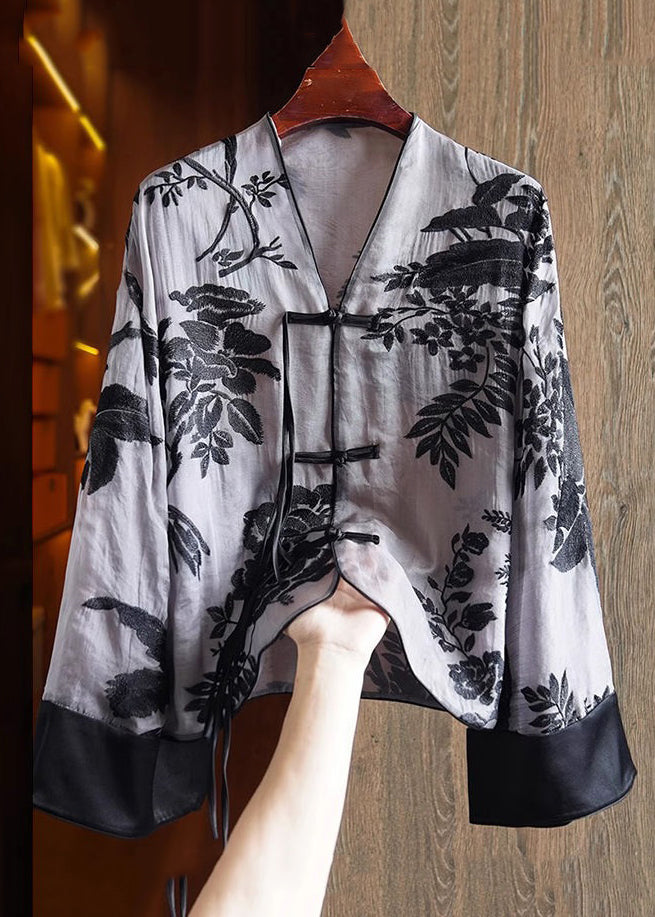 Loose Yellow V Neck Embroidered Button Silk Shirts Spring