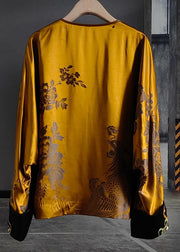 Loose Yellow V Neck Patchwork Jacquard Silk Outwear Long Sleeve