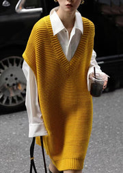 Loose Yellow V Neck Side Open Knit Waistcoat Dress Fall
