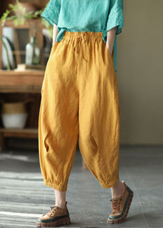 Loose Yellow Wrinkled Patchwork Drawstring Linen Pants Summer
