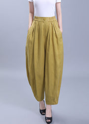 Loose Yellow Wrinkled Pockets Patchwork Linen Crop Pants Summer