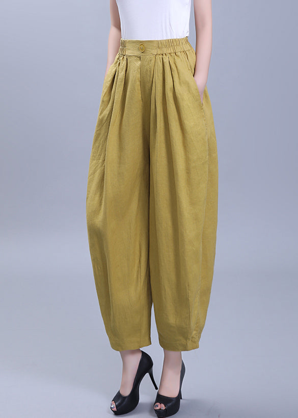 Loose Yellow Wrinkled Pockets Patchwork Linen Crop Pants Summer