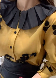 Loose Yellow button Lace Patchwork Chiffon Shirts lantern sleeve