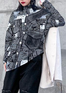 Loose asymmetric cotton half high neck clothes For Women Fashion Ideas black prints shirts - SooLinen