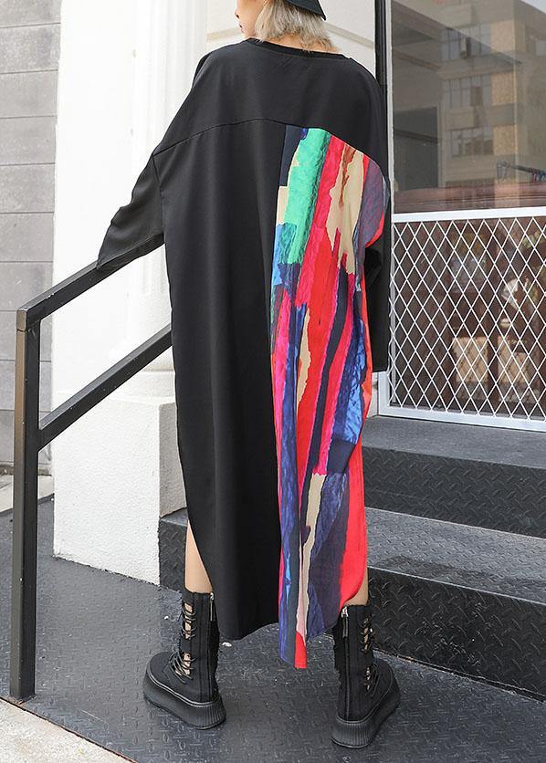 Loose asymmetric patchwork cotton quilting clothes Sleeve black Maxi Dress fall - SooLinen