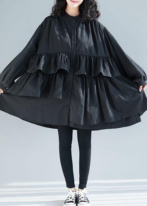 Loose black Cotton quilting dresses layered ruffles Art shirt Dress - SooLinen