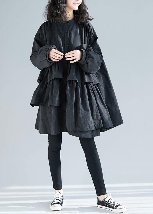 Loose black Cotton quilting dresses layered ruffles Art shirt Dress - SooLinen