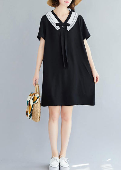 Loose black Cotton quilting dresses v neck Plus Size summer Dress - SooLinen