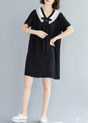 Loose black Cotton quilting dresses v neck Plus Size summer Dress - SooLinen