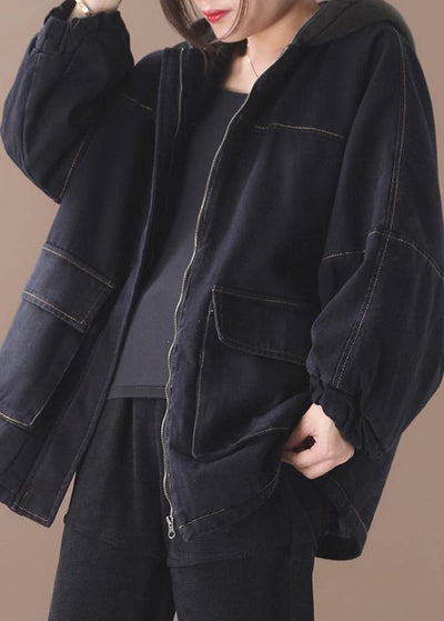 Loose black Fine clothes For Women Sewing two pockets patchwork hooded outwear - SooLinen