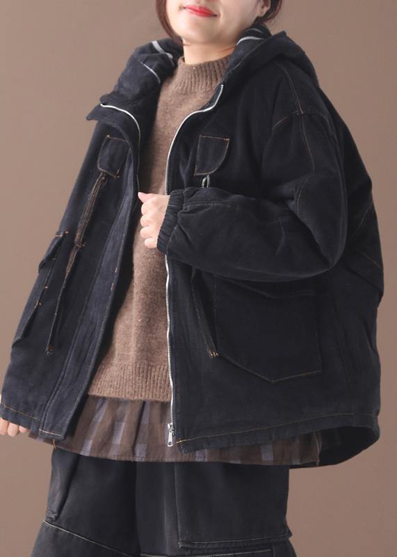 Loose black Plus Size clothes design hooded zippered pockets women coats - SooLinen
