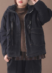Loose black Plus Size clothes design hooded zippered pockets women coats - SooLinen