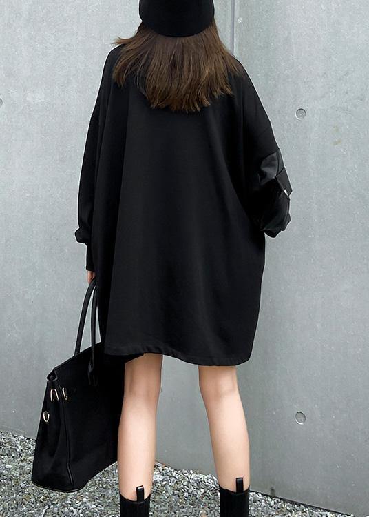 Loose black clothes Women high neck patchwork loose Dress - SooLinen