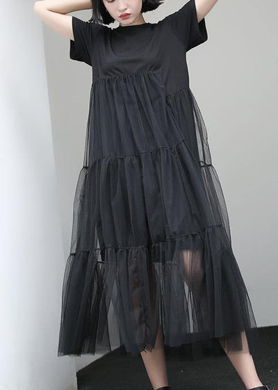 Loose black cotton Tunic asymmetric patchwork A Line summer Dress - SooLinen