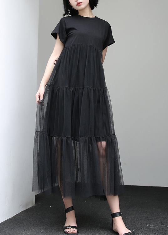 Loose black cotton Tunic asymmetric patchwork A Line summer Dress - SooLinen