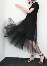 Loose black cotton Tunic Dress asymmetric patchwork A Line summer Dress - SooLinen