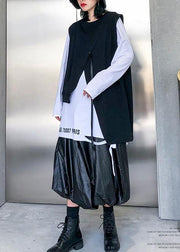 Loose black cotton clothes asymmetric short sleeveless tops - SooLinen
