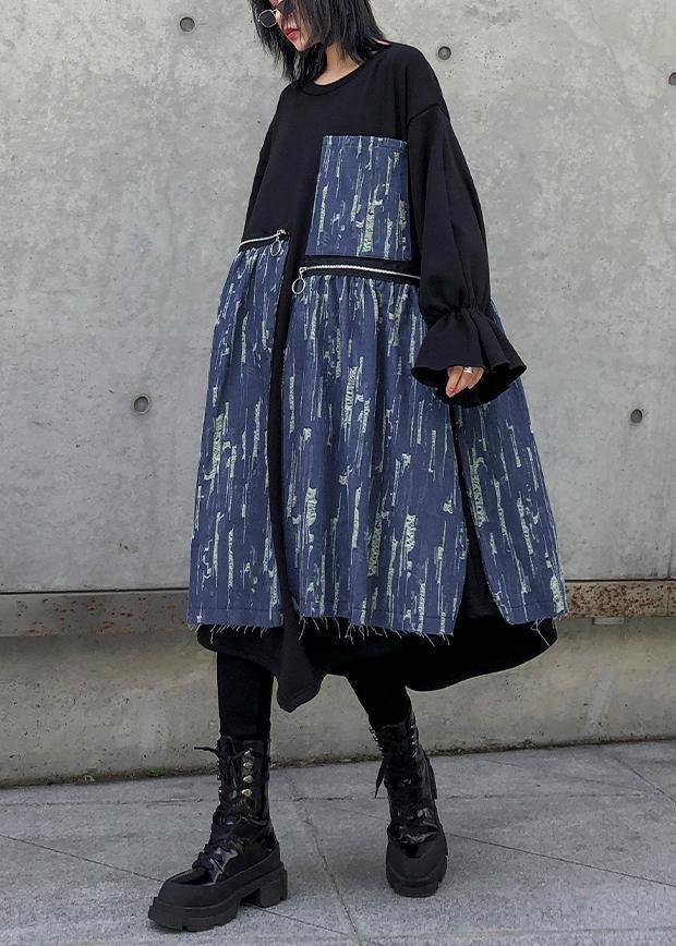 Loose black cotton dresses patchwork thick o neck Maxi Dress - SooLinen