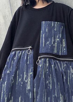 Loose black cotton dresses patchwork thick o neck Maxi Dress - SooLinen