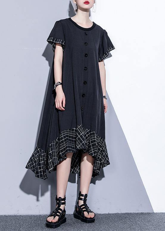 Loose black cotton quilting clothes patchwork plaid hem  summer Dress - SooLinen
