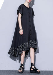 Loose black cotton quilting clothes patchwork plaid hem  summer Dress - SooLinen