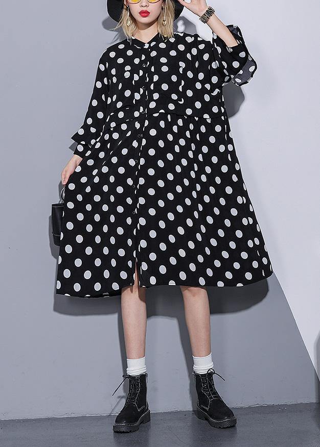 Loose black dotted silk Cotton quilting clothes Women Square Collar Plus Size Summer Dress - SooLinen