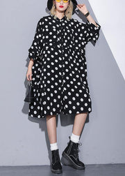 Loose black dotted silk Cotton quilting clothes Women Square Collar Plus Size Summer Dress - SooLinen