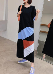 Loose black dress o neck Geometric patchwork Plus Size Dresses - SooLinen