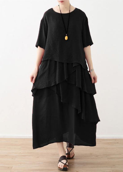 Loose black linen cotton dress plus size Shirts layered  Plus Size Clothing summer Dresses - SooLinen