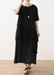 Loose black linen cotton dress plus size Shirts layered  Plus Size Clothing summer Dresses - SooLinen