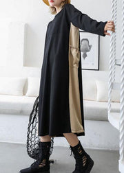 Loose black patchwork khaki cotton outfit o neck cotton fall Dresses - SooLinen