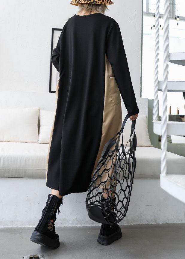 Loose black patchwork khaki cotton outfit o neck cotton fall Dresses - SooLinen