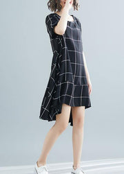 Loose black plaid Cotton clothes plus size Tutorials low high design tunic summer Dress - SooLinen