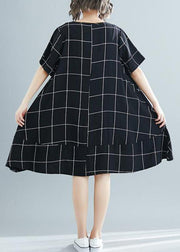 Loose black plaid Cotton clothes plus size Tutorials low high design tunic summer Dress - SooLinen