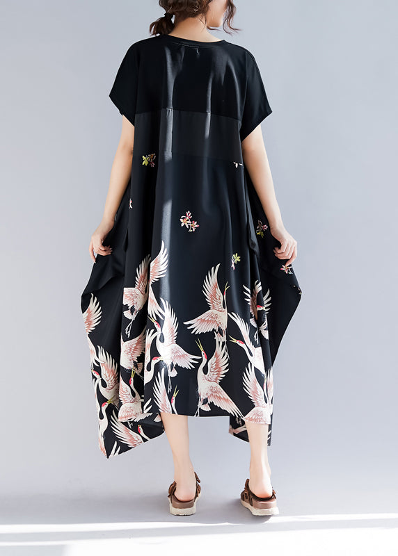 Lockere schwarze bedruckte Leinenkleidung Plus Size Shirts O-Ausschnitt asymmetrisches langes Sommerkleid