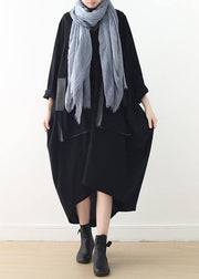Loose black quilting clothes v neck patchwork Maxi fall Dresses - SooLinen