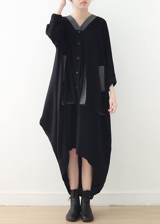 Loose black quilting clothes v neck patchwork Maxi fall Dresses - SooLinen
