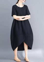 Loose black short sleeve cotton clothes asymmetric patchwork summer Dresses - SooLinen