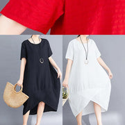 Loose black short sleeve cotton clothes asymmetric patchwork summer Dresses - SooLinen