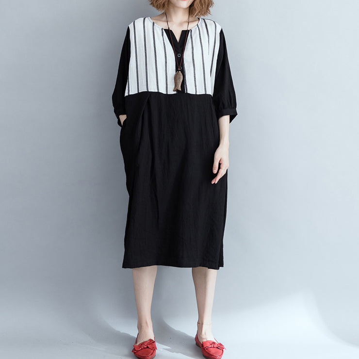 Loose black striped Cotton clothes Women Fashion Outfits patchwork Plus Size Dress