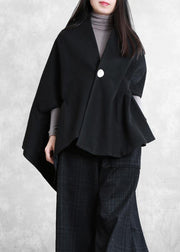 Loose black wool Blouse v neck short asymmetric shirt - SooLinen