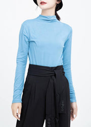 Loose blue cotton crane tops elastic oversized high neck shirts - SooLinen
